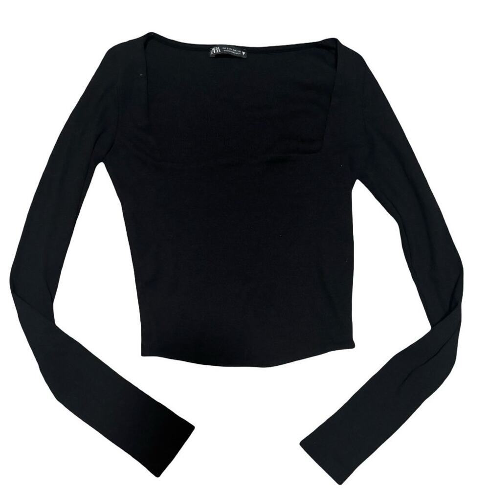 Zara Ribbed Square Neck Long Sleeve Crop Top Black Size Small
